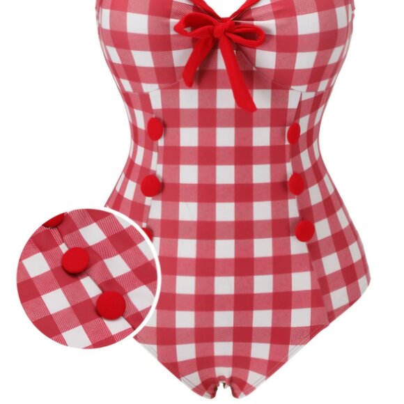 Red Gingham 1950's Haltar Swim Suit - Picture 2 of 2